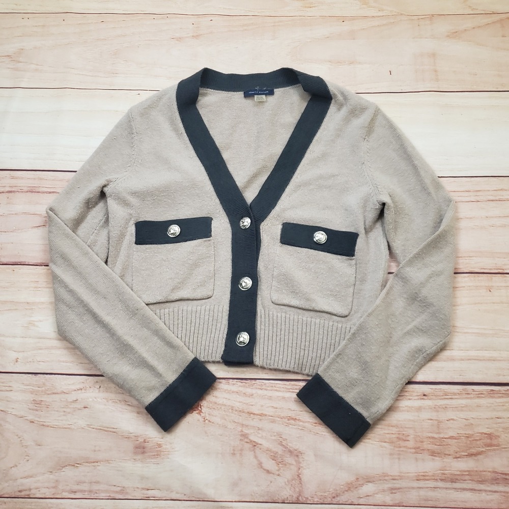 Tommy Hilfiger‎ Sweater Womens XS Tan Blue Cropped Cardigan V-Neck Sweater